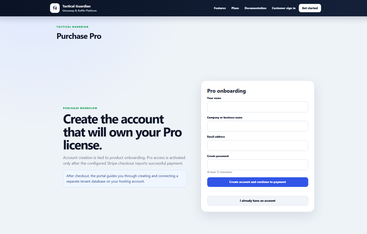 Tactical Guardian Pro onboarding workflow