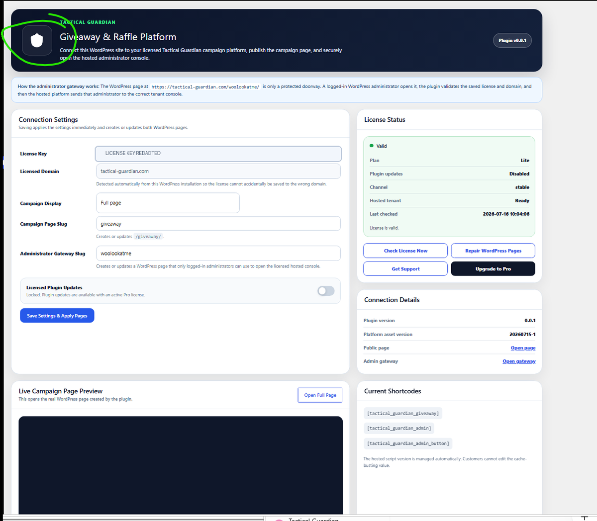 Tactical Guardian WordPress connector